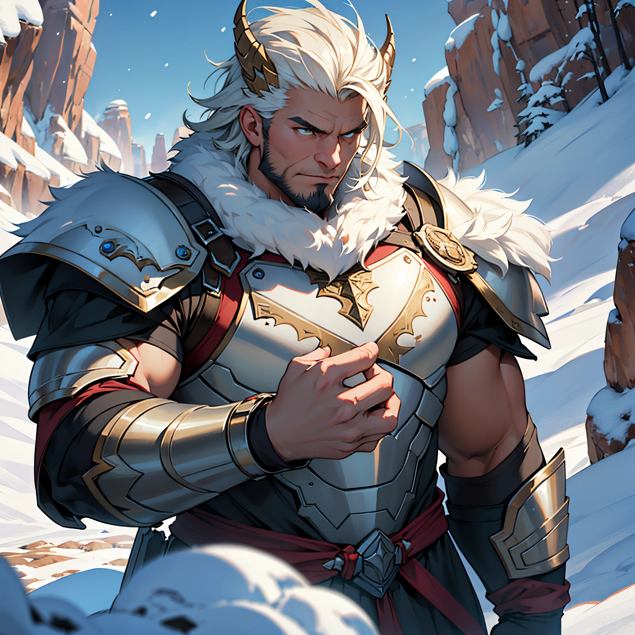 ​masterpiece, Best Quality, detailed, person upper body, Cinematics, 4k, Background with:field under snow canyon, Extra large giant warrior wearing steel armor and fur., (sparse, very ugly)