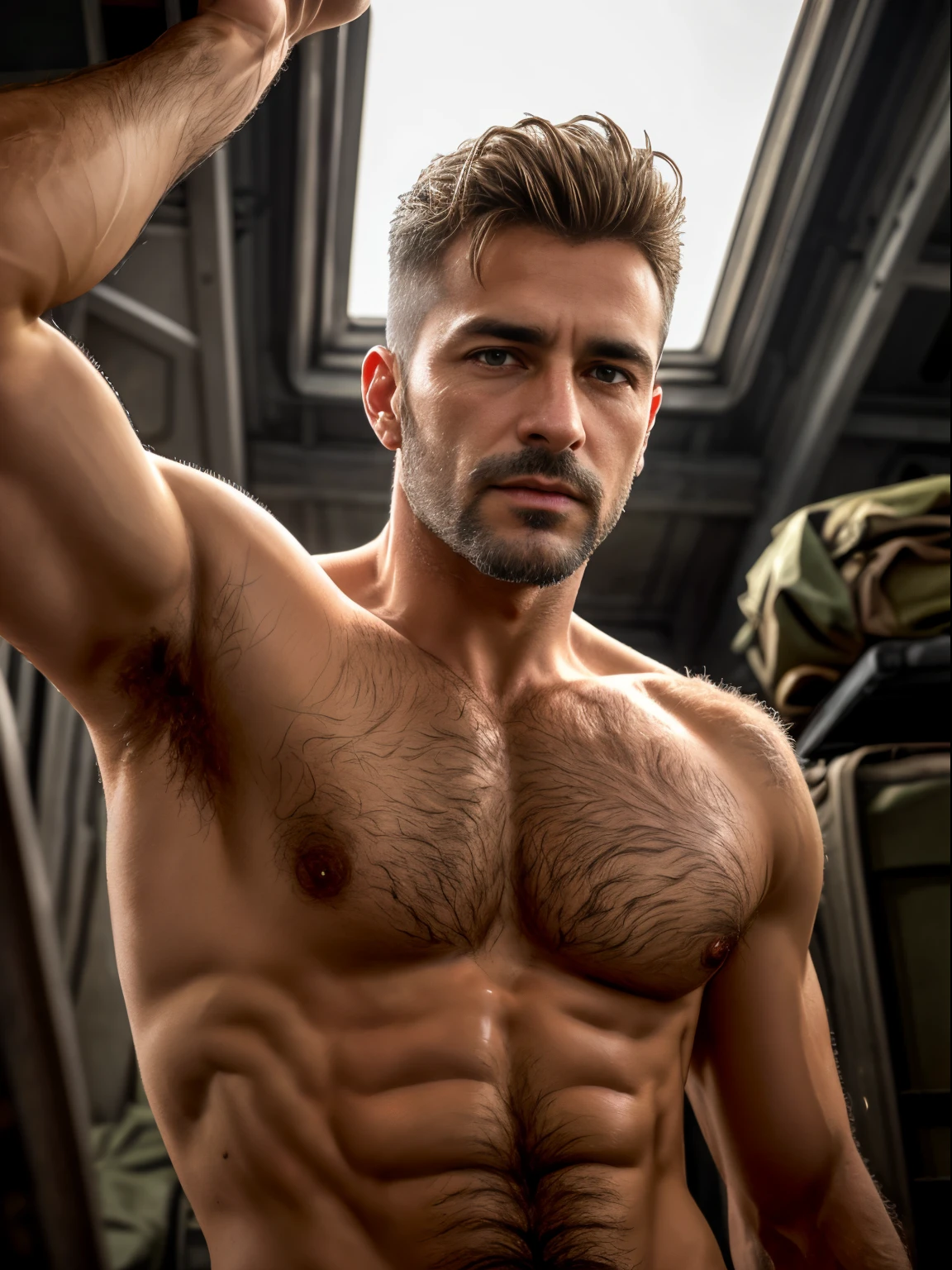 masterpiece, best quality, high resolution, closeup portrait, male focus, solo focus, A man, 50 years old, with military clothes, soldier, blonde bleached hair, messy hairstyle, cute and seductive face, bare chest, body hair, facial hair, roman nose, very skinny body, hairy legs, dimples, beard, bold jawline , in the background a millitary camp and other soldiers,  view from below, amazing composition, front view, HDR, ultra quality, elegant, highly detailed