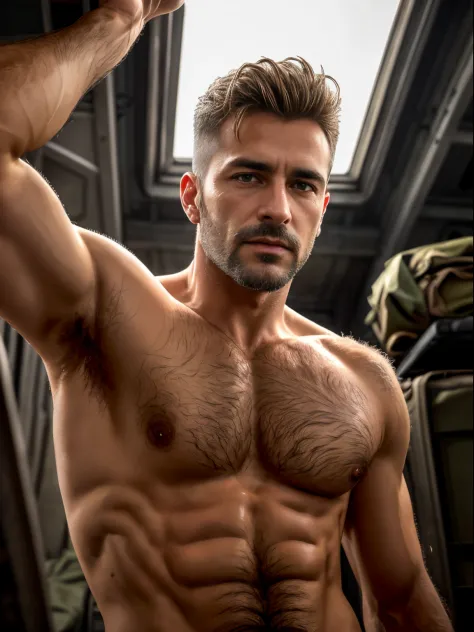 masterpiece, best quality, high resolution, closeup portrait, male focus, solo focus, A man, 50 years old, with military clothes, soldier, blonde bleached hair, messy hairstyle, cute and seductive face, bare chest, body hair, facial hair, roman nose, very ...