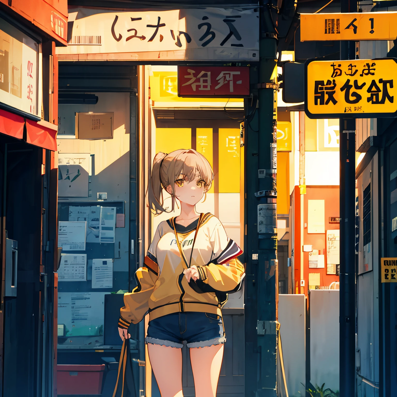 1girl,  ponytail hairstyle, light brown hairs, yellow eyes, wearing schools girl inform, denim shorts, city, absurdres, high res, ultrasharp, 8K, masterpiece, looking at viewer, angry face, beautiful eyes,