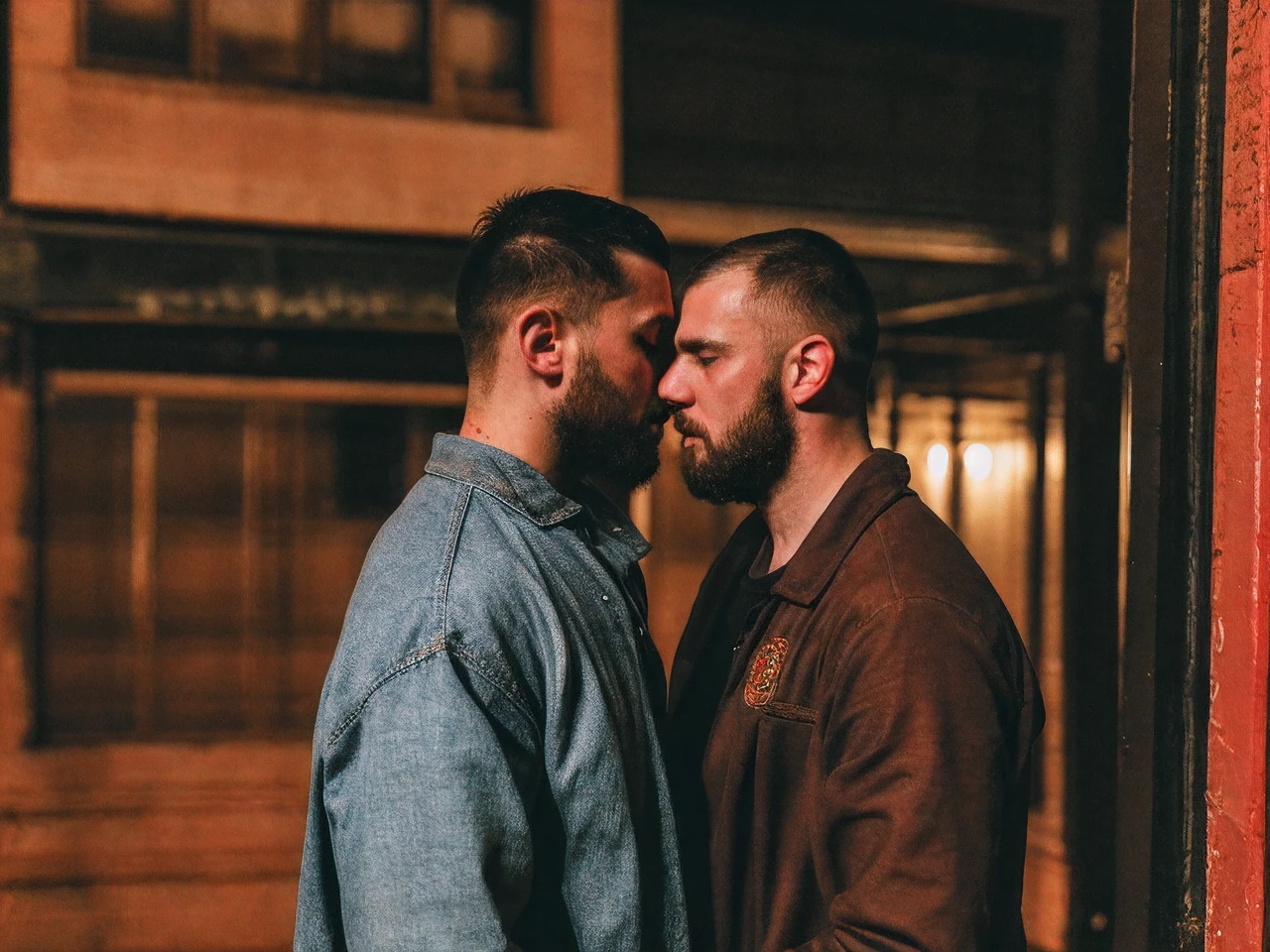 forbidden love, masterpiece, best quality, 2boys, adult males, beards, chavs, rough, dirty, Mancunian, mean, bullies, druggies, skinheads, in the neighbourhood, , soft kiss , realistic, dramatic lighting, atmospheric, intricate detail,