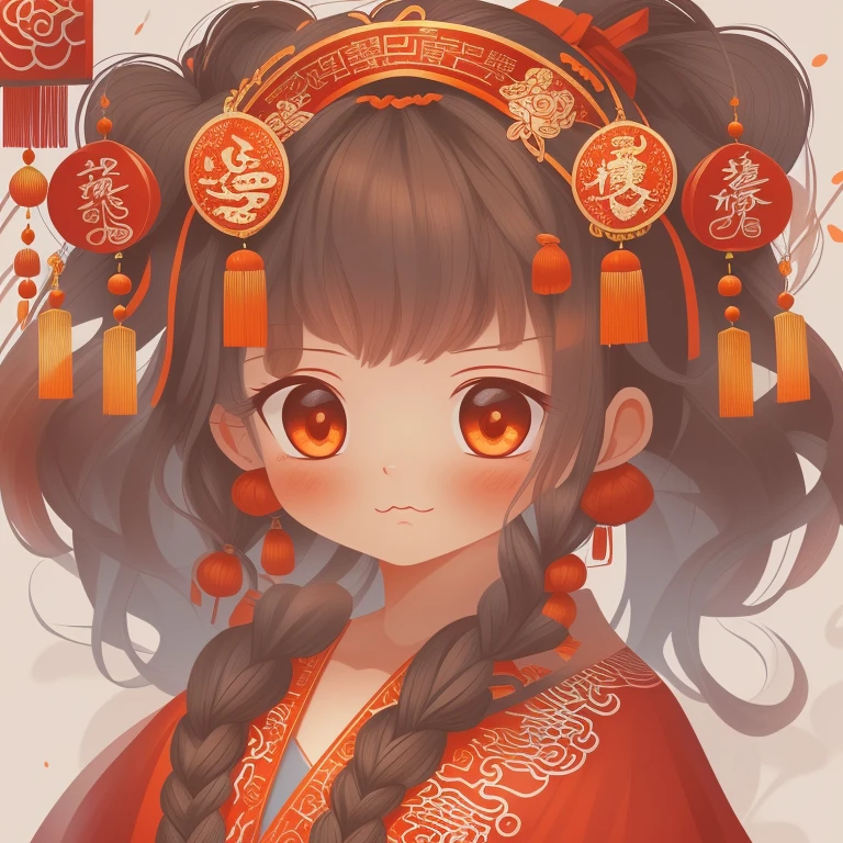 Game character design，(((Vector illustration style)))，(1 chubby ，Wearing traditional Chinese New Year red costume，Wearing an auspicious gemstone headdress), (Fuwa&#39;s facial expression is cute and enthusiastic，The eyes are shining，The corners of the mouth are raised), (Fuwa holds a bunch of firecrackers), (Fuwa’s hair has two cute little braids，You can tie a red ribbon on the braid), (((The stands up，Chinese Xiangyun cloth shoes: 1.6, Glowing lines or orange LED light effect))), (fully body photo: 1.5), ((Chinese element background，Auspicious cloud background)), (pov, first-person view, Ghibli-like colours, Luminism, cinematic lighting, UHD, masterpiece, ccurate, anatomically correct, textured skin, super detail, high details, high quality, award winning, best quality, 4k)，Chinese New Year wallpaper, Charming character illustration style, crimson and beige, Reference painting, Original characters, Chinese red background