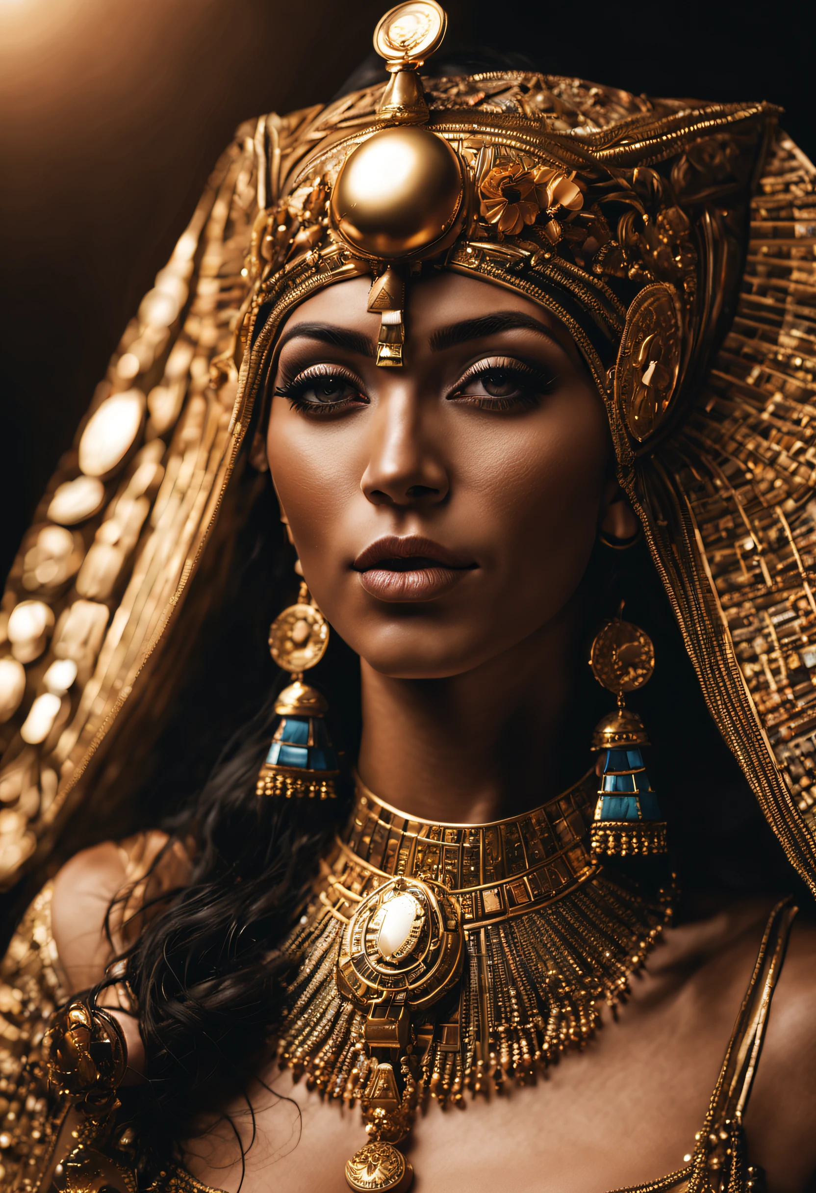 cleopatrah, the Queen of Egypt, ((fully body: 1,2)), ((detailed light skin: 1,2)), (extremely beautiful and detailed face: 1,2), (symmetrical face: 1,2) , (ultra detailed skin: 1.2), wearing Cleopatra&#39;s golden helmet, jewelry and gold, high resolution, master part, perfect lighting, flowers, natta, tenebrosa, Cinematic lighting, slightly elevated twilight, grown-up, perfect  skin, Woman , Looking at Viewer, portraite, upperbody, plain  background, ((Egito:1,2)), black backdrop, (RSEEmma:1.5), (Kale:1.2), Kale, breastsout, niplles, parted bangs, freckles, detailed hair, sultry gaze, sorrido,