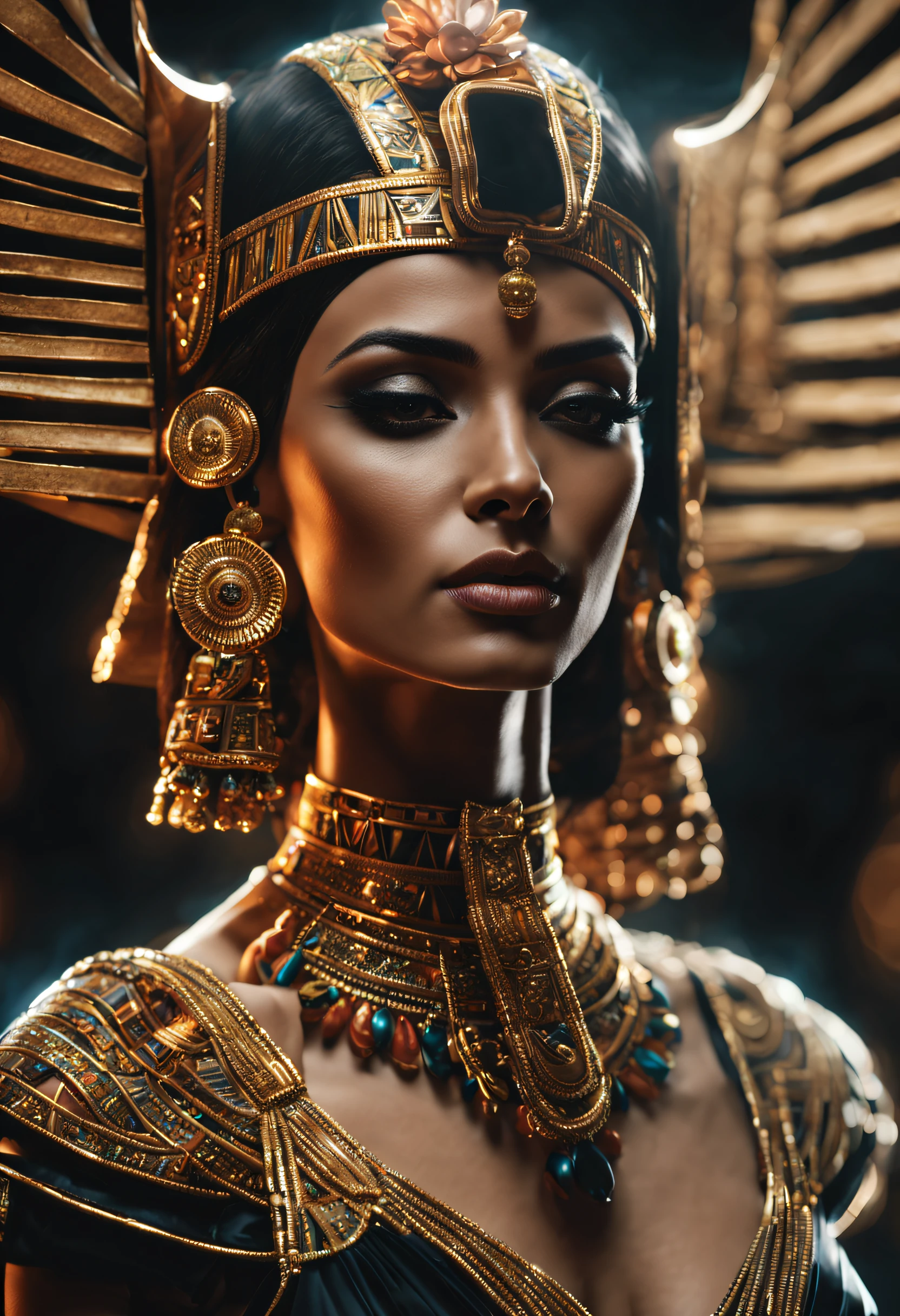Клеопатра, a Rainha do Египет, ((все тело: 1,2)), ((Детализированная светлая кожа: 1,2)), (очень красивое и детализированное лицо: 1,2), (симметричное лицо: 1,2) , (ультра детализированный скин: 1.2), носить Клеопатру&#39;золотой шлем, украшения и золото, Высокое разрешение, основная часть, идеальное освещение, цветок, ночь, Темный, кинематографическое освещение, слегка приподнятые сумерки, взрослый, идеальная кожа, женщина , Глядя на зрителя, портрет, верхняя часть тела, простой фон, ((Египет:1,2)), черный фон, (РСЕЭмма:1.5), (нет:1.2), нет, грудь, соски, отдельная полоса, веснушки, детальные волосы, чувственный взгляд, улыбаться,