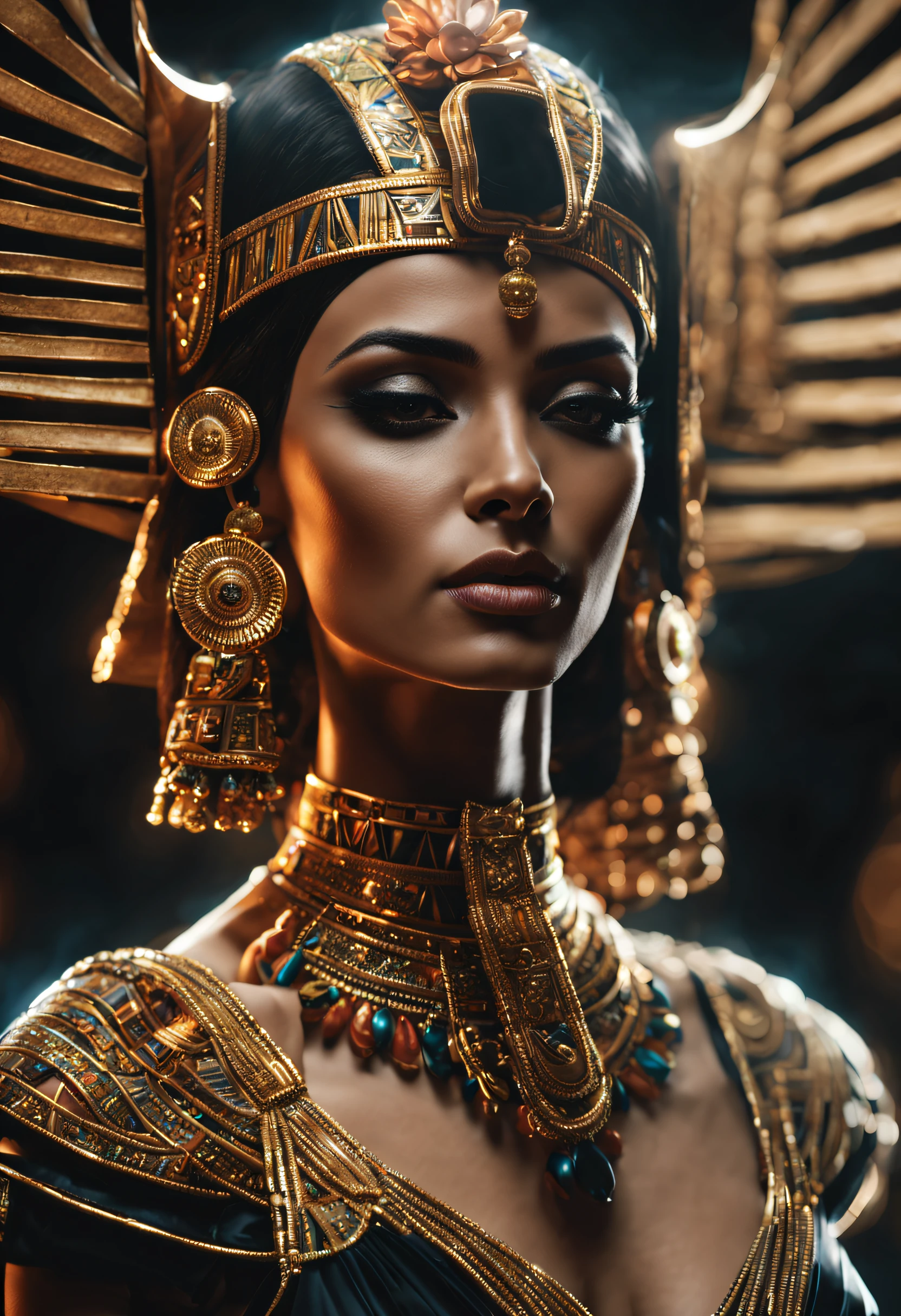 cleopatrah, a Rainha do Egito, ((corpo inteiro: 1,2)), ((Pele clara detalhada: 1,2)), (rosto extremamente bonito e detalhado: 1,2), (symmetrical face: 1,2) , (pele ultra detalhada: 1.2), wearing Cleopatra&#39;s golden helmet, joias e ouro, high resolution, master part, perfect lighting, flor, Noite, Escuro, Cinematic lighting, slightly elevated twilight, adulto, pele perfeita, Woman , Olhando para o Viewer, retrato, parte superior do corpo, fundo liso, ((Egito:1,2)), fundo preto, (RSEEmma:1.5), (nu:1.2), nu, seios, Mamilos, franja separada, Sardas, cabelo detalhado, olhar sensual, sorrir,