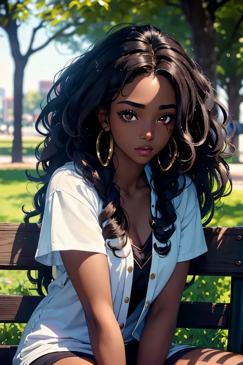 Gabriel Union, beautiful young woman, long hair, curly hair, a lot of make-up, dark skin, portrait. Sitting on a park bench, college student, Semi-realistic face shot, long head, big nose, big lips, ebony skin, mischievous, attractive, attention to depth, ...