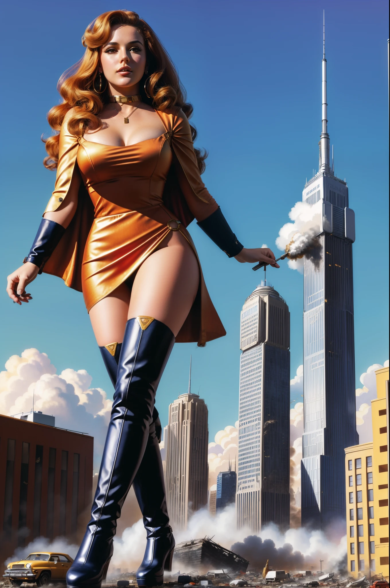 A woman in a gold dress and boots standing in front of a city - SeaArt AI