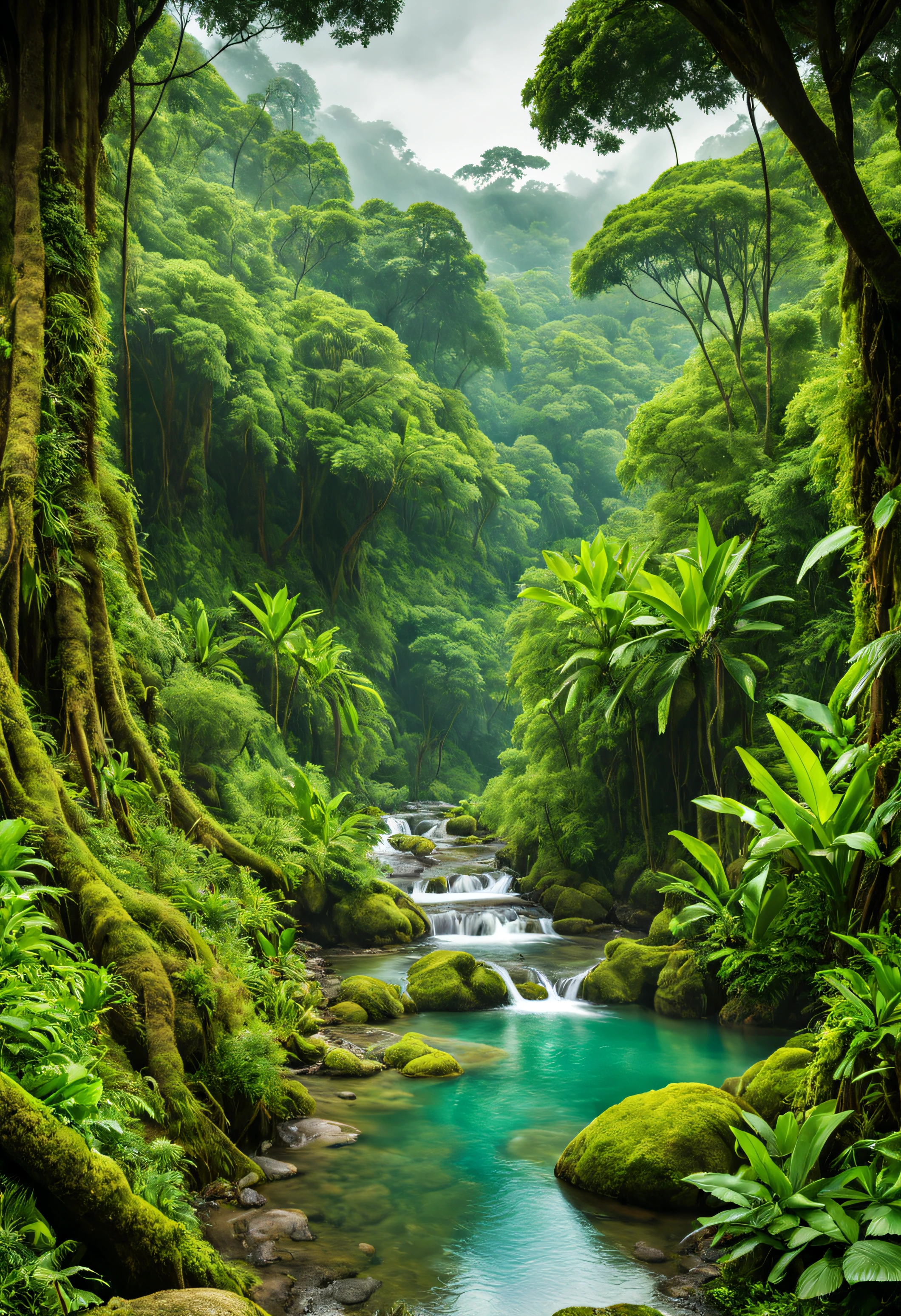 paisaje natural  nunca visto, escondido a los ojos de la mano del hombre, en el inerior de la jungla, large green vegetation, colores vivos y alegres, humedales , aguas cristalinas que fluyen en total libertad, hiperrealista, detallado, panoramico, 8k, vida flue en paz y armonia. tranquilidad, silencio  en stand by