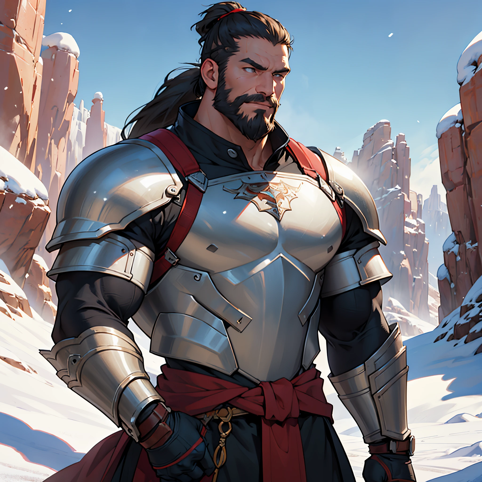 ​masterpiece, Best Quality, detailed, person upper body, Cinematics, 4k, Background with:field under snow canyon, Extra large giant warrior wearing steel armor and fur., (bald man with ponytail, ugly)