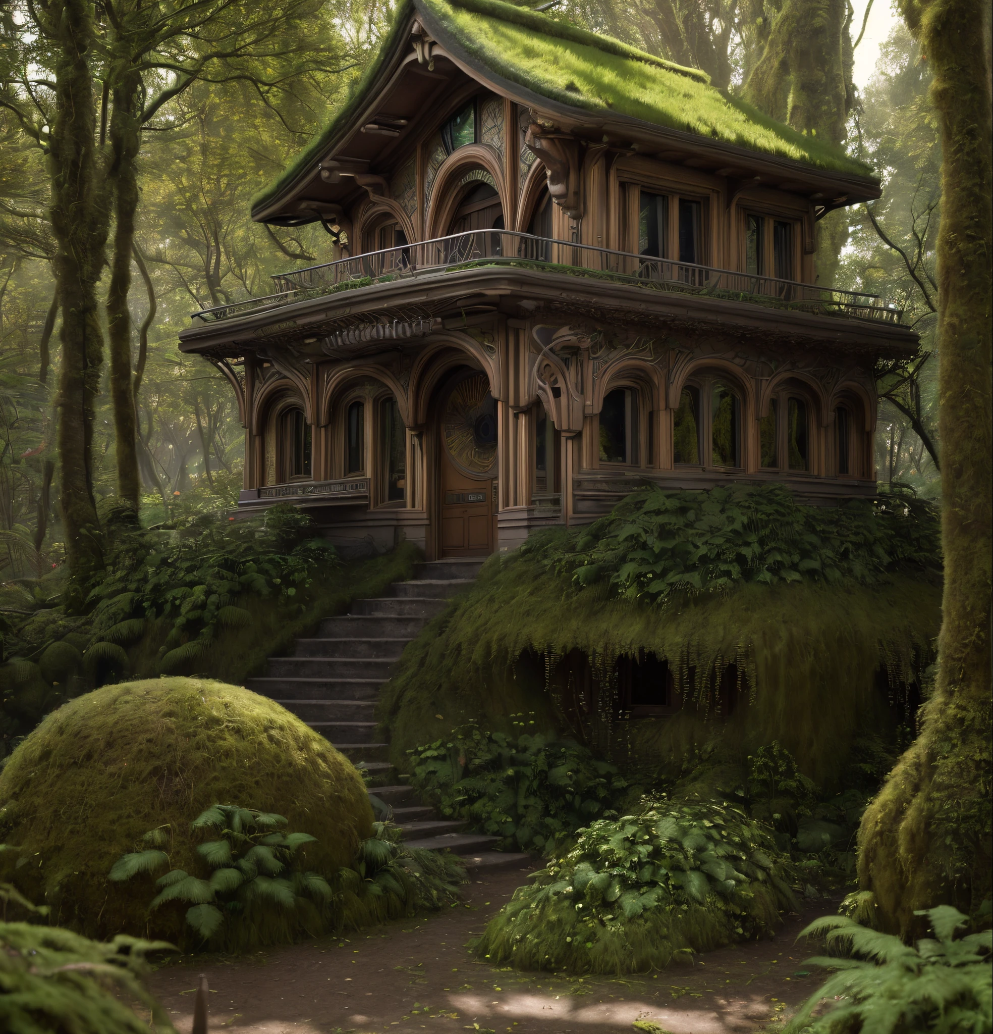 (Cinematic Photo:1.3) of (Ultrarealistic:1.3),(Grim:1.3) Masterpiece, best quality, (very detailed CG unity 8k wallpaper), (best quality), (best illustration), (best shadow), round radish hut covered with moss, octane rendering, ray tracing, very detailed,Highly Detailed,(Art Nouveau:1.3),(Fujifilm Superia:1.3),naturalism,land