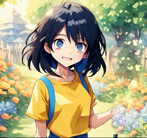 eBlue eyes、Yellow shirt、Anime girl holding mobile phone, Anime cute art style, Anime visuals of a cute girl, up of young anime g...