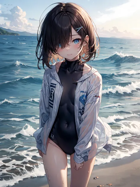 of the highest quality, anime moe art style,Best Anime 8K Konachan Wallpapers,Pixiv Contest Winner,Perfect Anatomy, BREAK,(Draw a picture of a girl in a swimsuit walking on the beach.),BREAK, 1girl is a beautiful girl with poor luck.,(Solo,Lori,child,13yea...