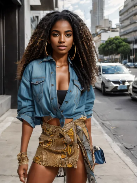 (8k, highest quality, ultra detailed:1.37), (Nyla), 18yo, (a stylish African-Brazilian), showcases her unique fashion sense in a trendy urban setting. She wears a chic ensemble, combining modern pieces with cultural influences. The high-resolution image ca...
