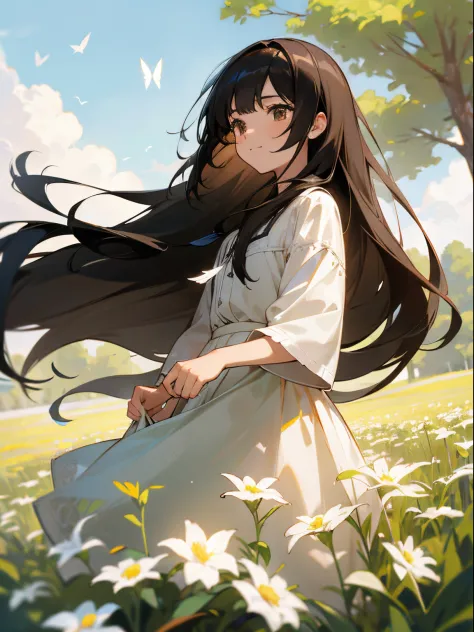 high detal，hyper-detailing，Super high resolution light brown eyes，Girl with long black hair enjoys her time in the open field，surrounded by nature's beauty，warm sun sprinkling on her，white flowers gently swaying in the breeze。Butterflies and birds flutter ...