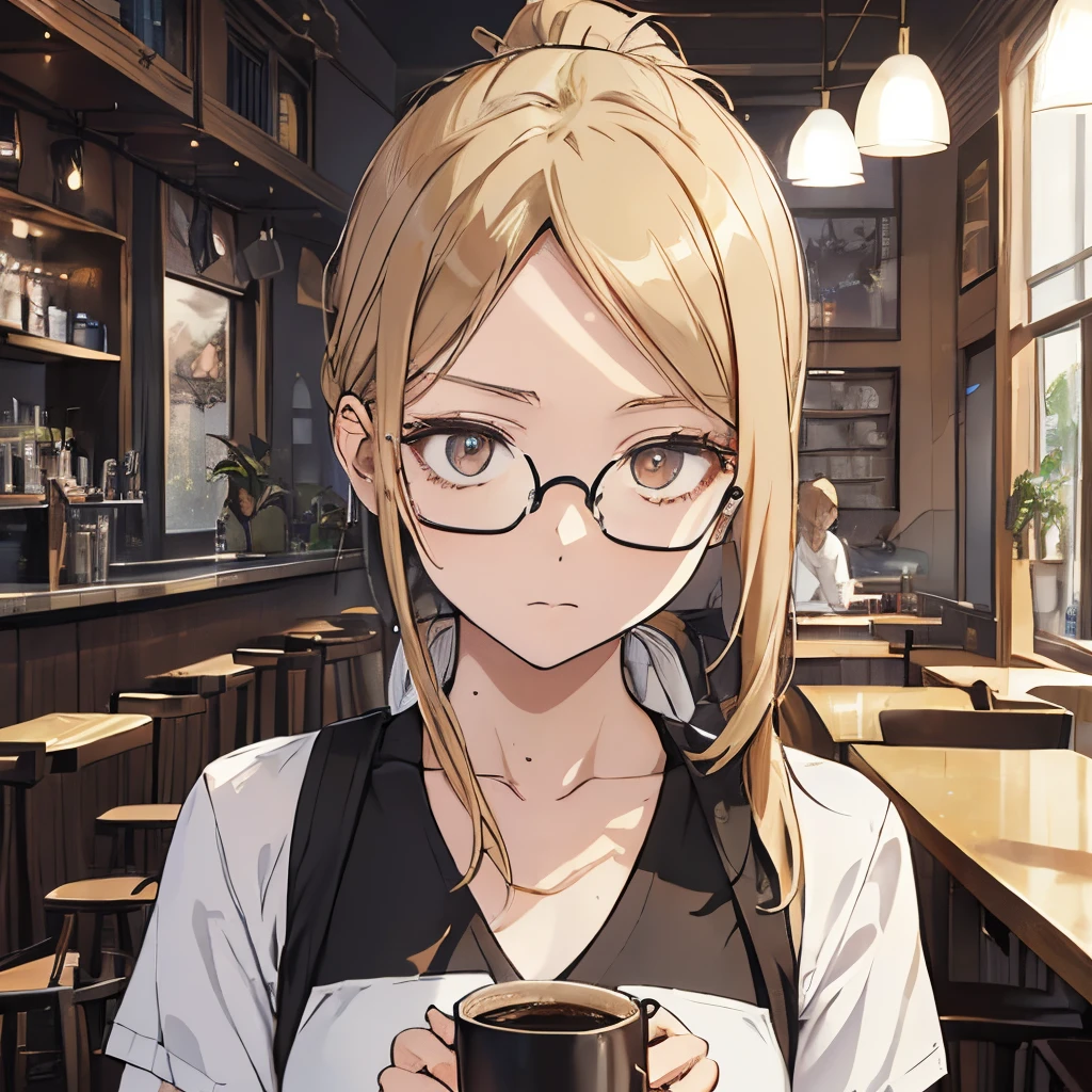 ⓪Action： Drinking coffee, (coffee mug:1.4), Holding a mug in your hand, ①Quality：(Ultra-detailed:1.3), masutepiece, 8K, extremely details CG, (1 girl), Perfect hands:1.2), (Perfect Anatomy:1.2), (Beautiful face: 1.1), Details of complex iris, attractive eye reflection, Glowing highlights of the eyes, Depth and three-dimensionality of the pupil, Subtle color changes in the iris, Specific eyelash details,　Depth and three-dimensionality of the pupil, ②Lighting：Brightening light, Moody lighting, Nature lighting, Best Illumination, ③ part: (flat chest: 1.4), Floating hair, Detailed face, Detailed eyes, Shiny hair, ④Style: Animation, Illustration, ⑤Subject： (low ponytail hair:1.3), (Blonde hair, Straight hair, Long hair,Hair in the middle, Black eyes, Sanpaku eyes ), ⑥Environment： cafes,kitchin,a bar counter , ⑦Construction：Upper body, (closeup view: 1.3), Looking at Viewer, Very Wide Shot, From below, ⑧Costume : (Cafe Apron: 1.3), (Glasses:1.5), ⑨Others：(Slender body、small head、Seven-headed body), Wear an apron over a T-shirt,