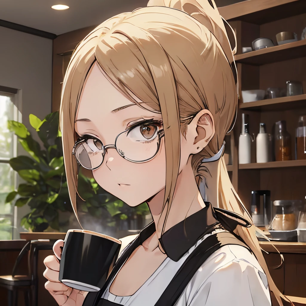 ⓪Action： Drinking coffee, (coffee mug:1.4), Holding a mug in your hand, ①Quality：(Ultra-detailed:1.3), masutepiece, 8K, extremely details CG, (1 girl), Perfect hands:1.2), (Perfect Anatomy:1.2), (Beautiful face: 1.1), The specifics of the complex iris, fascinating eye reflection, Glowing highlights of the eyes, Depth and three-dimensionality of pupils, Subtle color changes in the iris, Particular eyelash details,　Depth and three-dimensionality of pupils, ②Lighting：Brightening light, Moody lighting, Nature lighting, Best Illumination, ③ part: (flat chest: 1.4), Floating hair, Detailed face, Detailed eyes, Shiny hair, ④Style: Animation, Illustration, ⑤Subject： (Low Ponytail hair:1.3), (Blonde hair, Straight hair, Long hair,Hair in the middle, Black eyes, Sanpaku eyes ), ⑥Environment： cafes,kitchin,a bar counter , ⑦Construction：Upper body, (closeup view: 1.3), Looking at Viewer, Very Wide Shot, From below, ⑧Costume : (Cafe Apron: 1.3), (Glasses:1.5), ⑨Others：(Slender body、small head、Seven-headed body), Wear an apron over a T-shirt,
