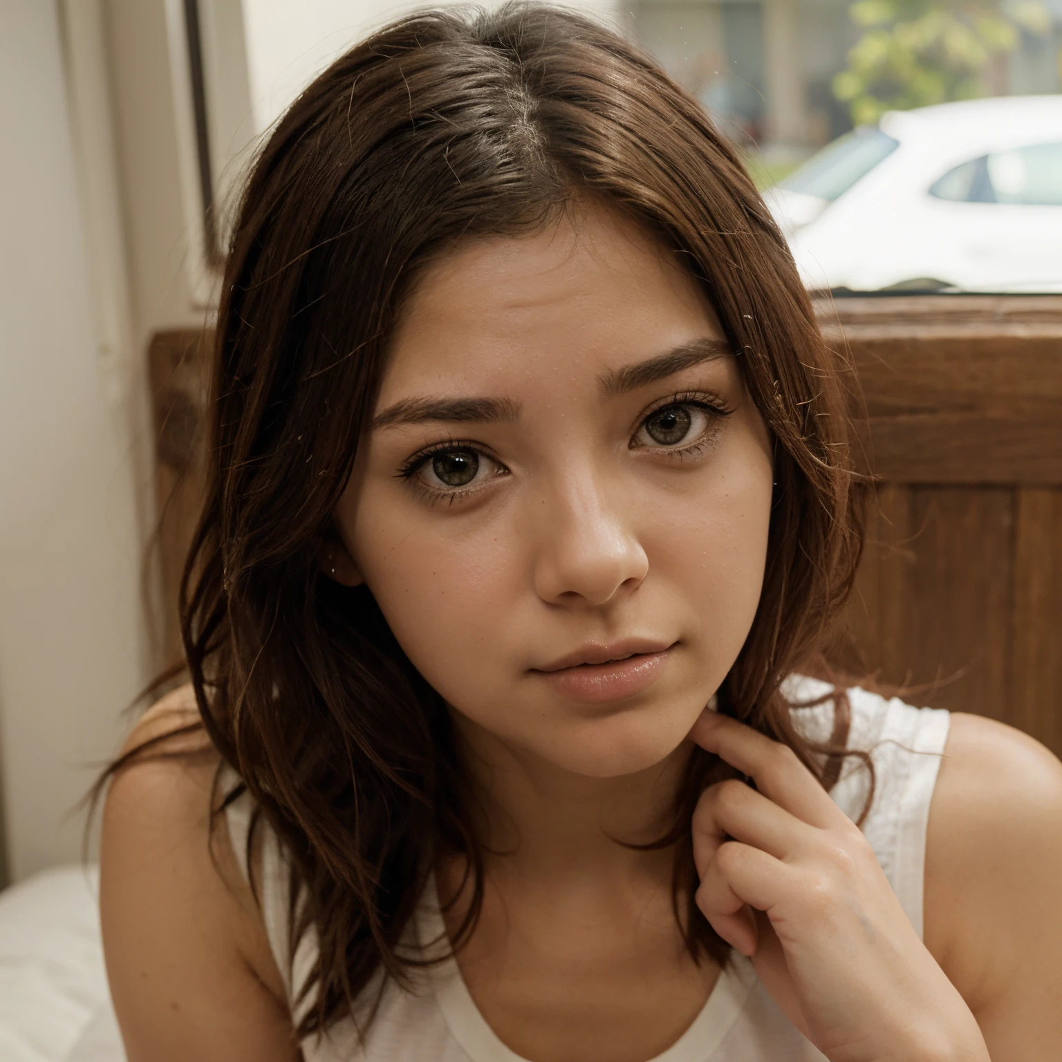 Arafed woman sitting on a bed with a white tank top - SeaArt AI