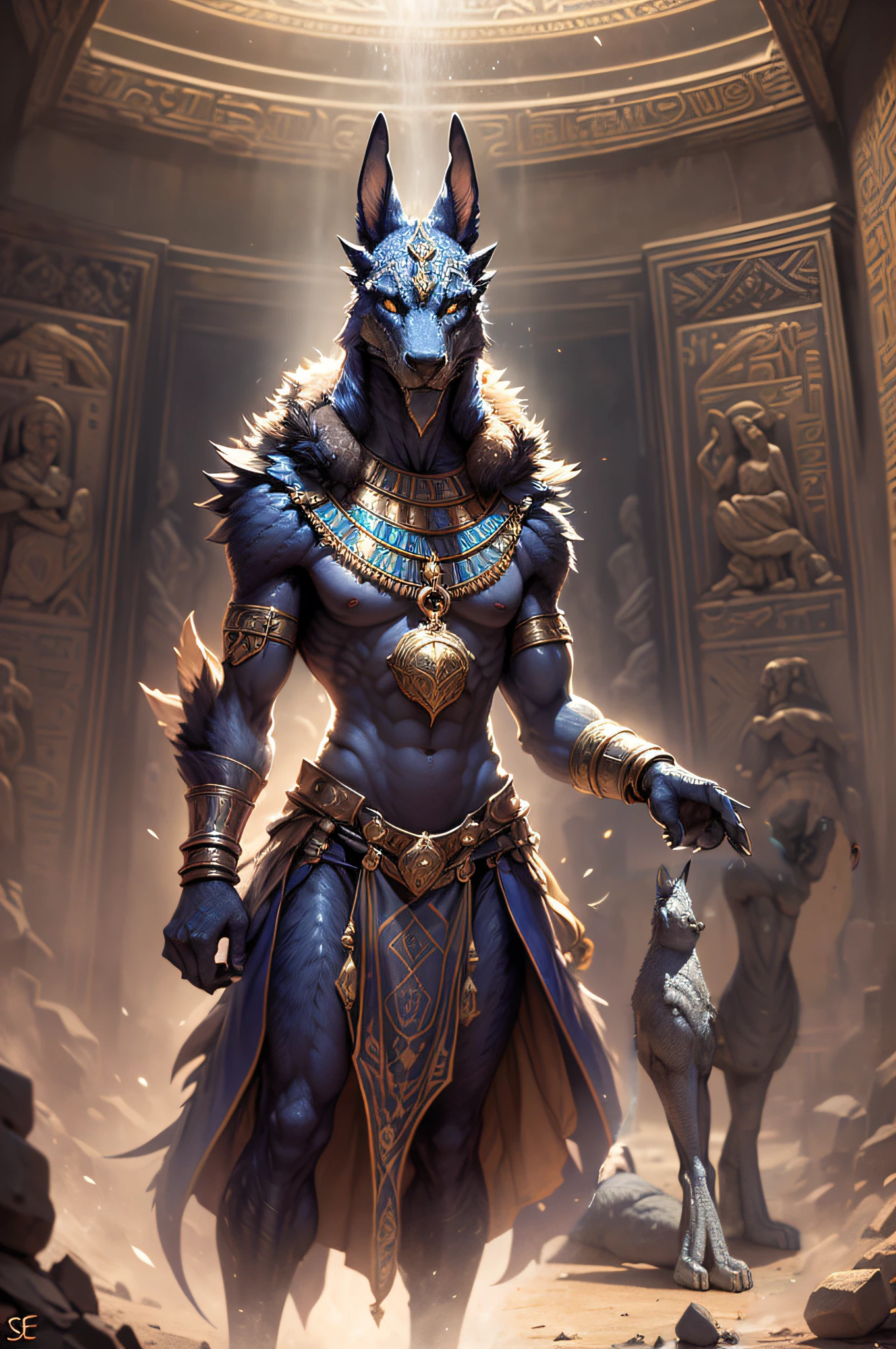 "Capture a stunning image of Anubis, the jackal-headed Egyptian deity, de corpo inteiro. Use camera quality (RSEEmma:1.5) to ensure sharp details and high resolution. Set up cinematic lighting to highlight the textures and features of the figure . The setting should reflect a slightly elevated twilight, providing a mystical and solemn atmosphere. Make sure the representation respects Egyptian mythology, conveying the duality of Anubis as guardian of the tombs and spiritual guide. This image will be aimed at an audience that appreciates exceptional visual quality and meticulous detail."
