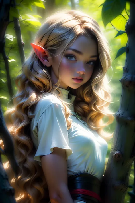 (masterpiece, best quality), 1girl, intricate details, blonde, leaf, wavy hair, looking at viewer, elf, small breasts, upper bod...