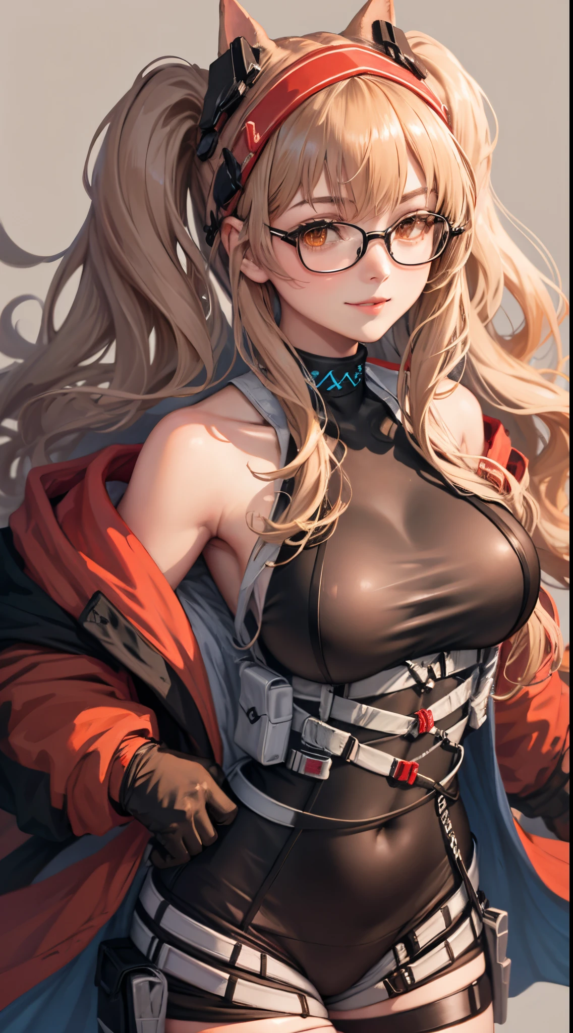 (The is very detailed:1.3), 
1个Giant Breast Girl, alone, 
aang_DV, Orange Eyes, Half-rimmed glasses, light  smile, 
hyper-detailing, (A high resolution:1.1), Best quality at best, (tmasterpiece:1.3), light,
