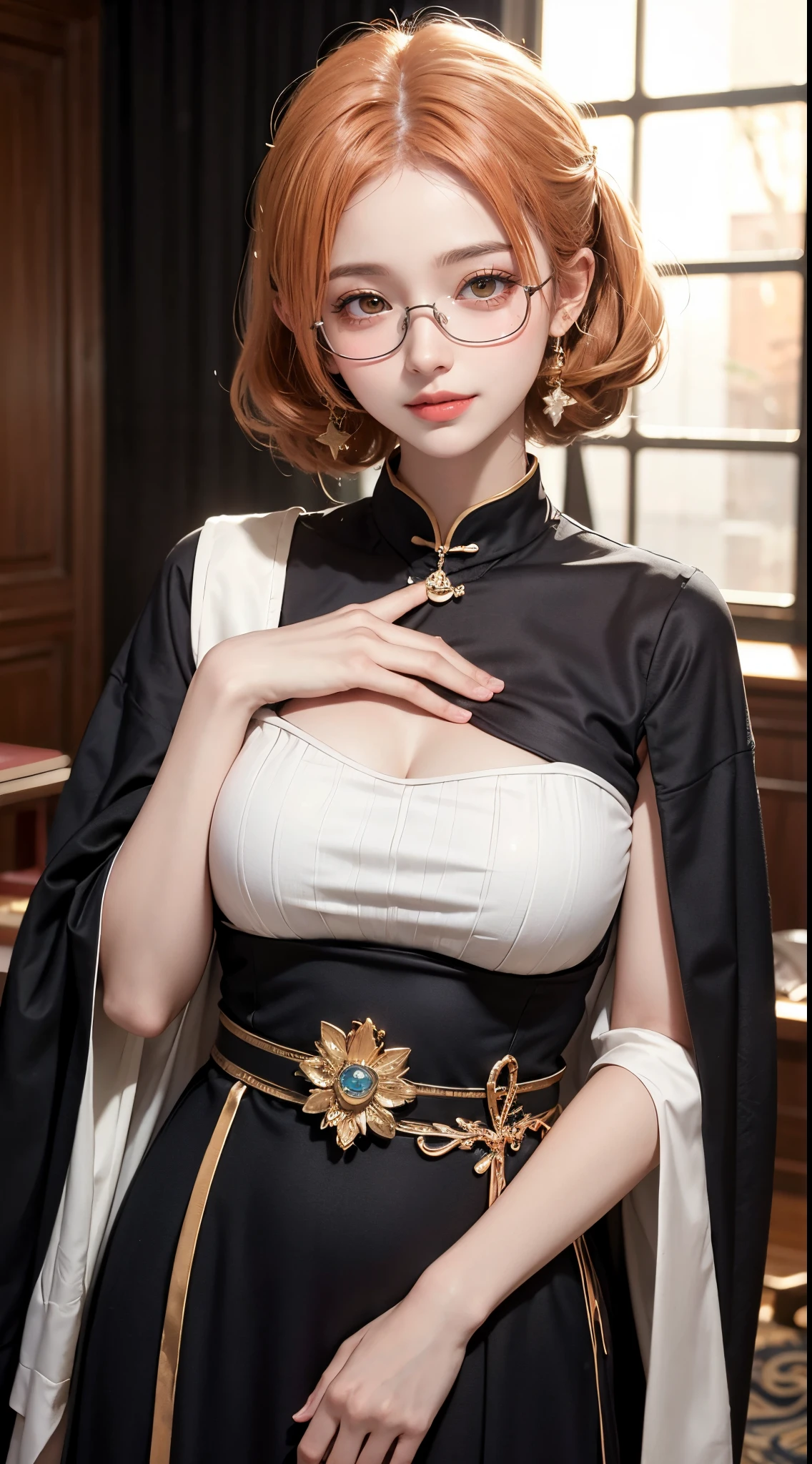 (The content is very detailed:1.3), 
1 plump girl, Alone, fully body photo，
Aang_DV, Orange eyes, Half-rimmed glasses, light  smile, 
hyper-detailing, (A high resolution:1.1), Best quality at best, (tmasterpiece:1.3), 电影灯光,