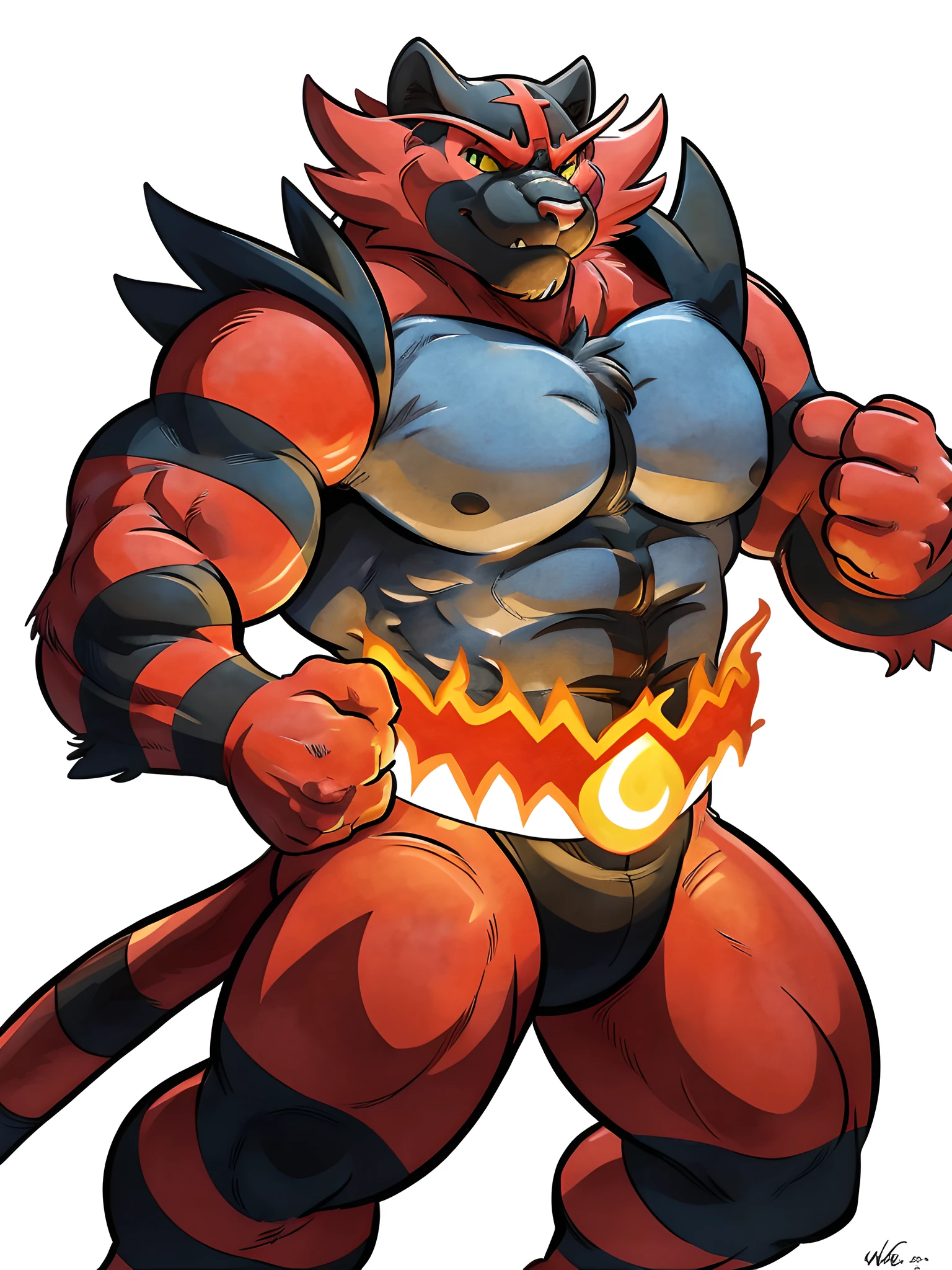 incineroar, 4k, high resolution, best quality, posted on e621, solo, male, adult, masculine, muscular, (white background, no background:1.1), (by wfa:1.0), (by negger:1.0), (detailed face, detailed eyes:1.1), (cel shaded:1.2), cartoony shading, cartoony proportions, half body, fire belt, comic color style