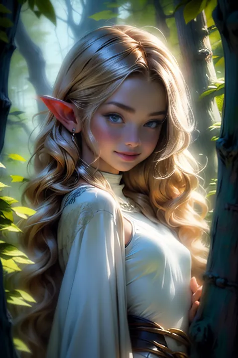 (masterpiece, best quality), 1girl, intricate details, blonde, leaf, wavy hair, looking at viewer, elf, small breasts, little sm...