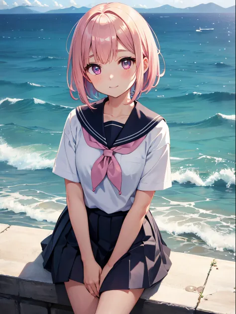animesque、Along the coast、sea breeze、Wearing a pleated skirt, Pink gold eyes、 Pink Short Bob、Bangs at the top of the eyebrows、sh...