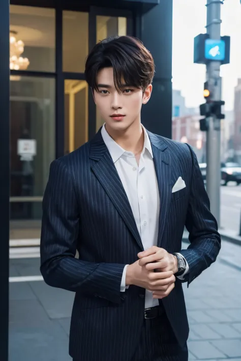 Fresh and handsome 20-year-old new employee、Chinese 20-year-old boy、merchant、ultra luxury suit、striped suit、streetview　Stand up ...
