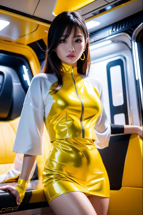 rialistic photo、fa yuili、arafi woman in a yellow dress posing inside a spaceship,white panty、 wearing atsuko kudo latex outfit, ...