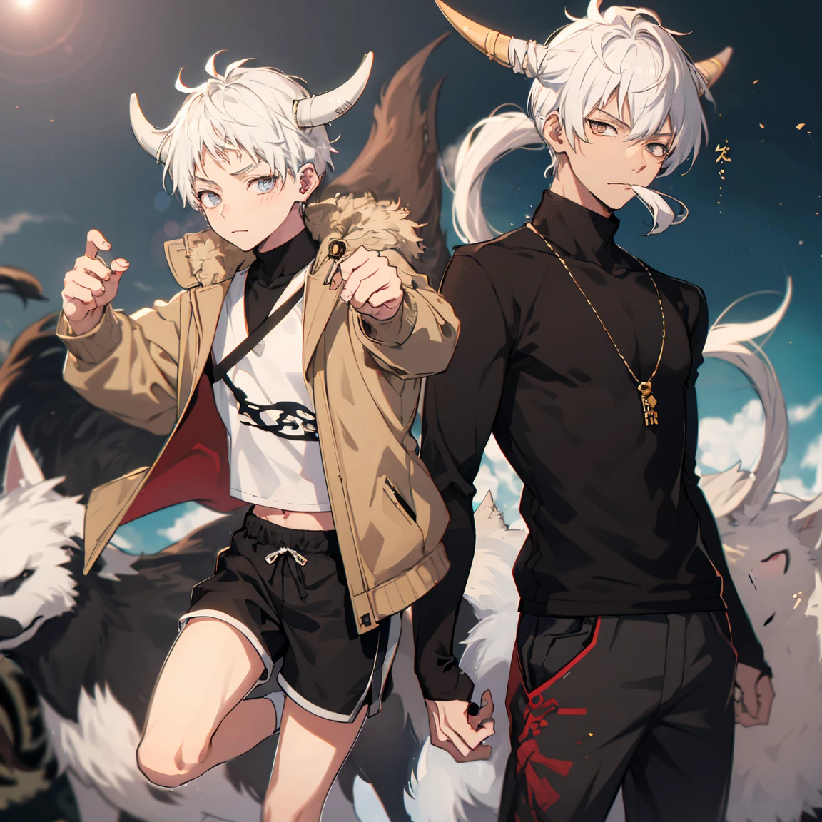 One young man, oni, small horns, shaggy hairstyle, short hair, modern clothes, handsome, bishounen, anime style, friendly looking, strong, slightly built body, modern setting, white hair, sassy attitude