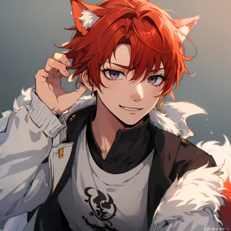 Bishonen,male,Red hair, cunning smile, kitsune, dark mordern clothes, streetwear, short fluffly hair, flirty demeanor, portrait,...