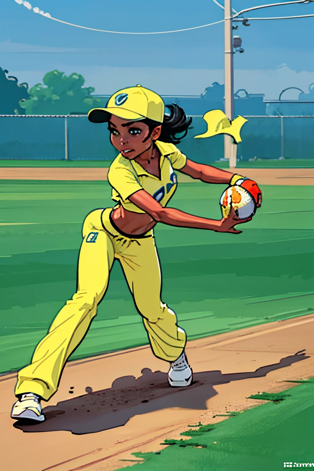 Cartoon of a woman in yellow uniform holding a baseball bat - SeaArt AI