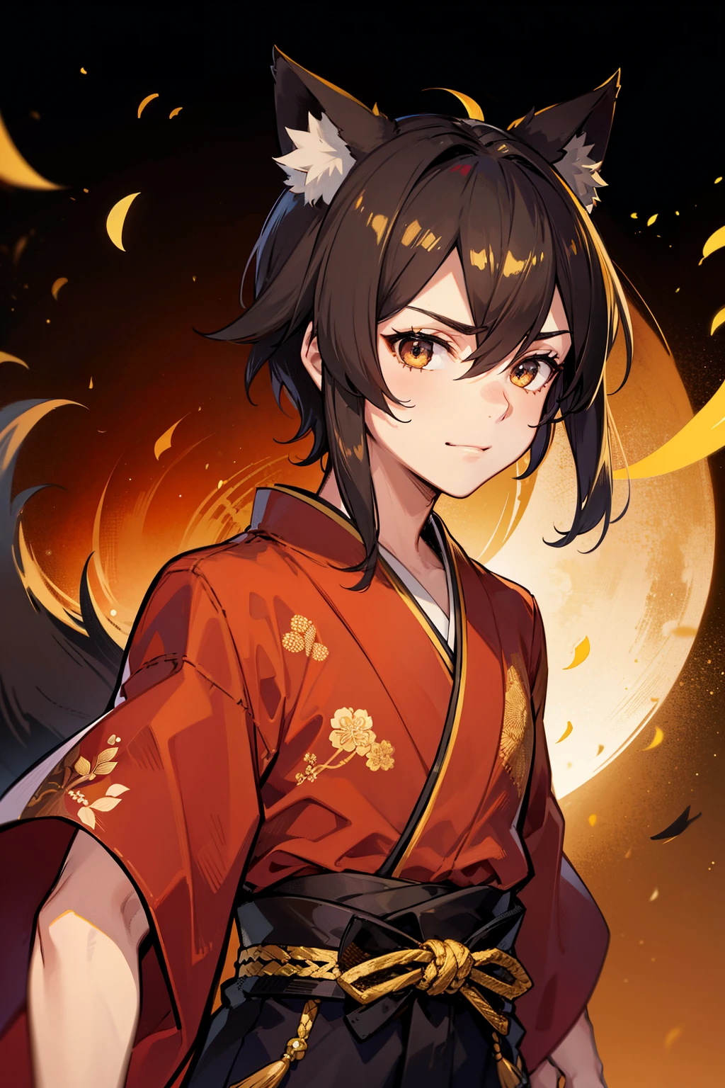 (high-quality, breathtaking),(expressive eyes, perfect face), 1boy, male, solo, young adult, black hair , gold coloured eyes, gentle smile, short hair, loose hair, hair between eyes, japanese clothing, red shirt with a gold and black trim, black pants, brown belt, black fox ears on top of his head, wears a japanese fox mask on the side of his head, patterns on kimono