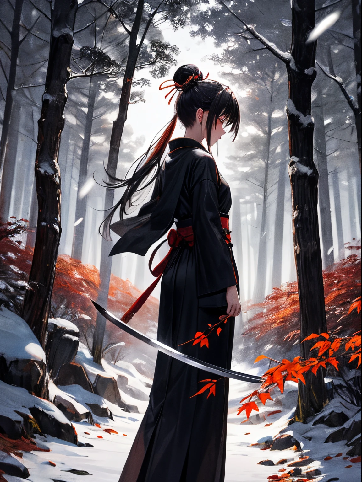 A night dark wood forest background, less snow falling, windy, red and orange leaves, leaves flying around, scattered leaves, a girl in black and white samurai dress standing head down with a sword