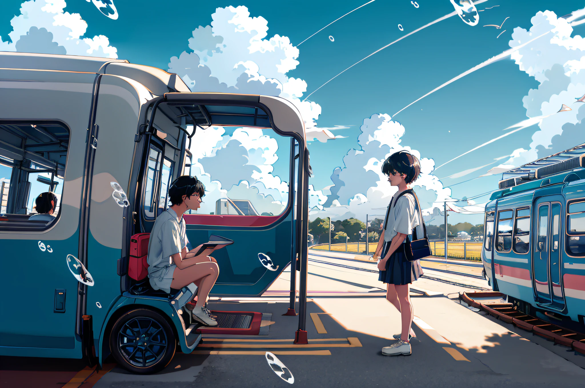 pastel color,
1girl, short hair, skirt, shirt, black hair, 1boy, sitting, white shirt, short sleeves, outdoors, sky, shoes, pants, cloud, sailor collar, bag, from behind, blue sky, ground vehicle, fish, bubble, blue theme, facing away, wide shot, train, surreal, whale,
nsfw, sexy,