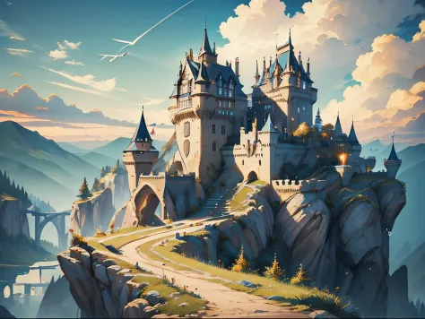 high fantasy castle on a mountain, concept art, on an