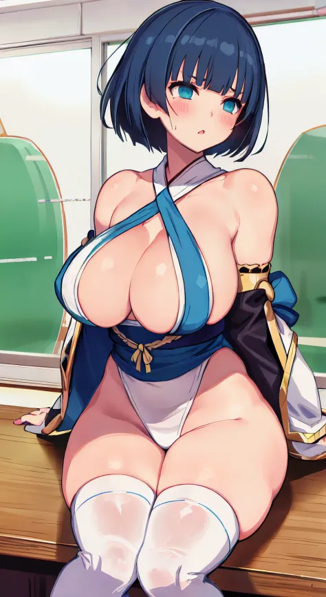 (( 1girl in)), NSFW、blush,well-muscled、Dark blue hair、Blue eyes、(((large full breasts)))、((big butts))、(((thick thighs)))、Sweat、:o、Short hair、bob cuts、Blunt bangs、((spreading legs))、Pale green kimono、white  leotard、White knee socks、(Armpits)、Training room、...