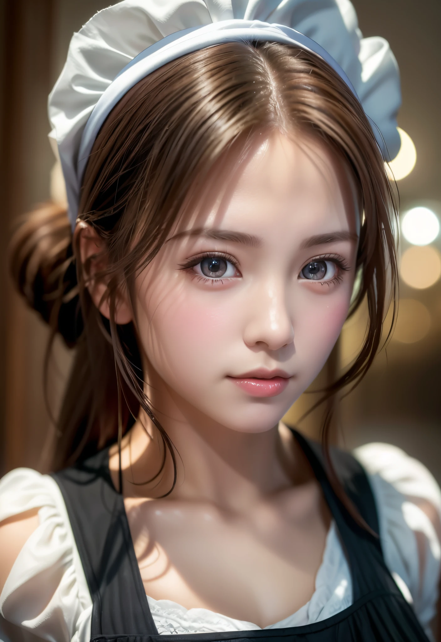 8K, of the highest quality, masutepiece:1.2), (Realistic, Photorealsitic:1.37), of the highest quality, masutepiece, Beautiful young woman, Pensive expression, Gentle eyes, Cute Maid Clothes, Hair tied back, feeling radiant, Cinematic background,, Light skin tone