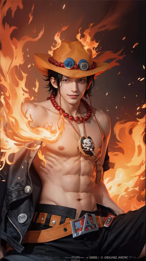 1man, ace in anime one piece, short hair , black hair, black eyes, handsome, smile, fire background, ultra detail, realistic