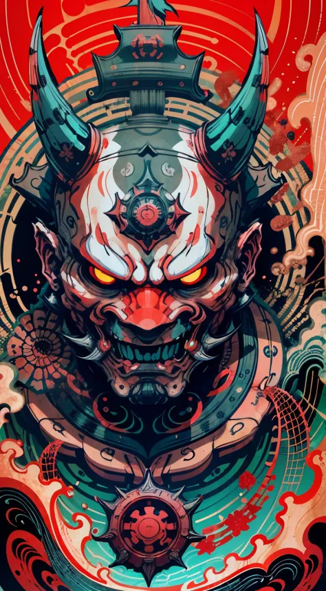 Hannya mask style 0mib， Illustrator， master-piece， high quailty， 8k， high resolutions， highdetailed， gentleman, high contrast, symmetrical. water wave background,