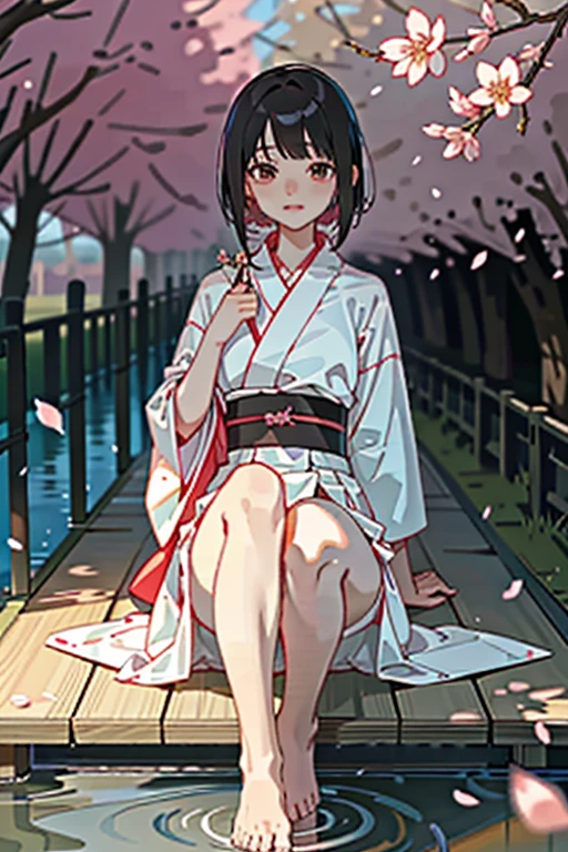 japanaese girl, 12 years old, 鎖骨,  White Bikini, Short kimono, full body Esbian, Black hair, full Bangs, Blunt bangs, Short hair, very short back hair, Very detailed skin, Beautiful girl in kimono,  Alone Girl, Cherry blossom scenery: 1.2, Falling cherry blossom petals, calm and peaceful ambiance, soft sunlight: 1.1 , Pink color palette, Faint scent of cherry blossoms, Harmony between tradition and nature, The faint smile of the girl, Expressions of fun and humility, Colorful cherry blossoms, The tree々Wind blowing through, slightly blurred background, Breeze: 1.1, Leaf whisper, fresh air, Falling petals, japanese art on behance, Calm and tranquility, calm and peaceful ambiance, beauty and elegance,  shrines