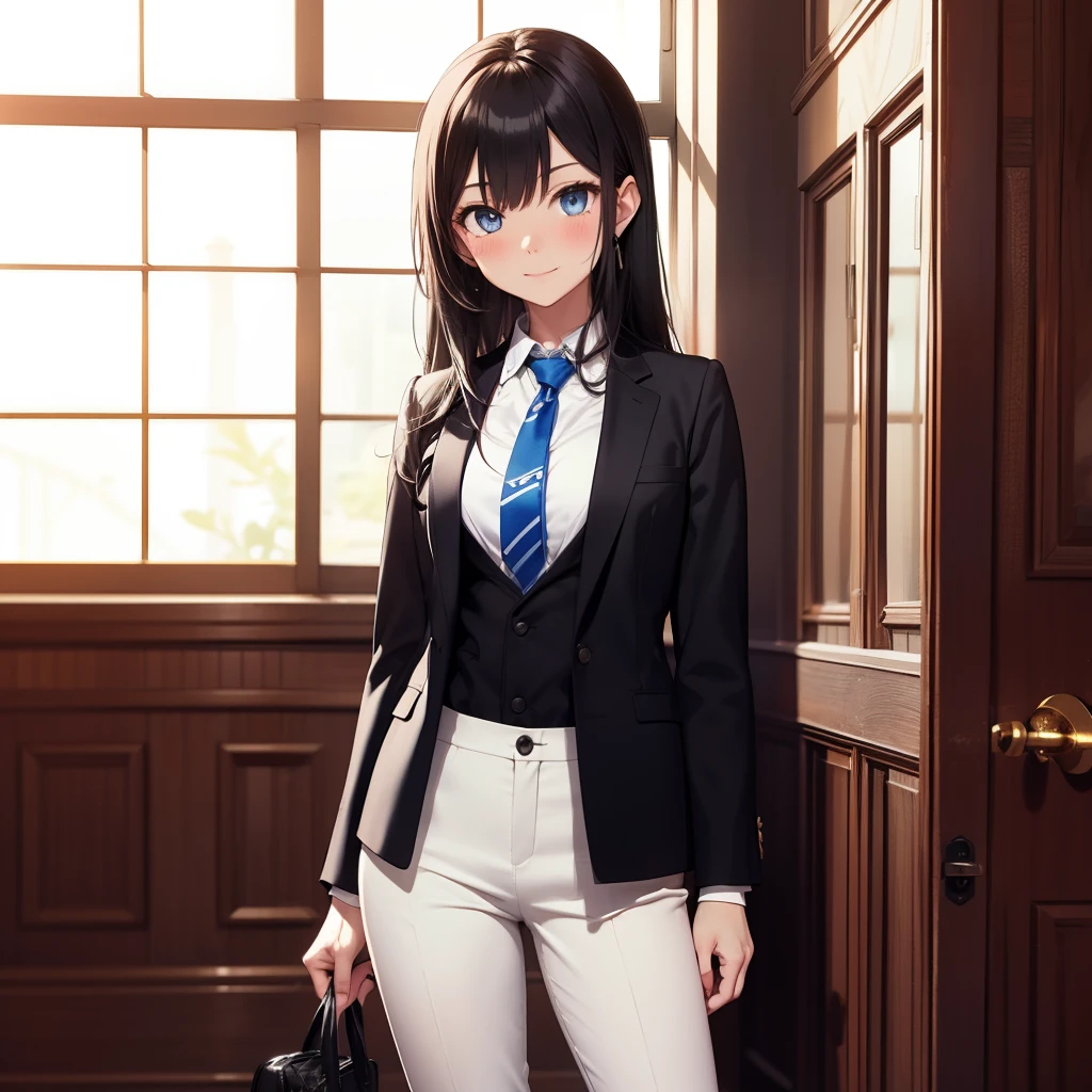 1GIRL , Yukinoshita yukino , Yukinoshita yukino,woman in formal attireactive suit tuxedo tailcoat standing in a large alcove in the room, 1girl, solo, necktie, black hair, blue eyes, long hair, smile, jacket, looking at viewer, shirt, pants, blue necktie, collared shirt, white pants, white shirt, indoors, bangs, long sleeves, closed mouth, window, black jacket, blush, cowboy shot, formal, suit, full body