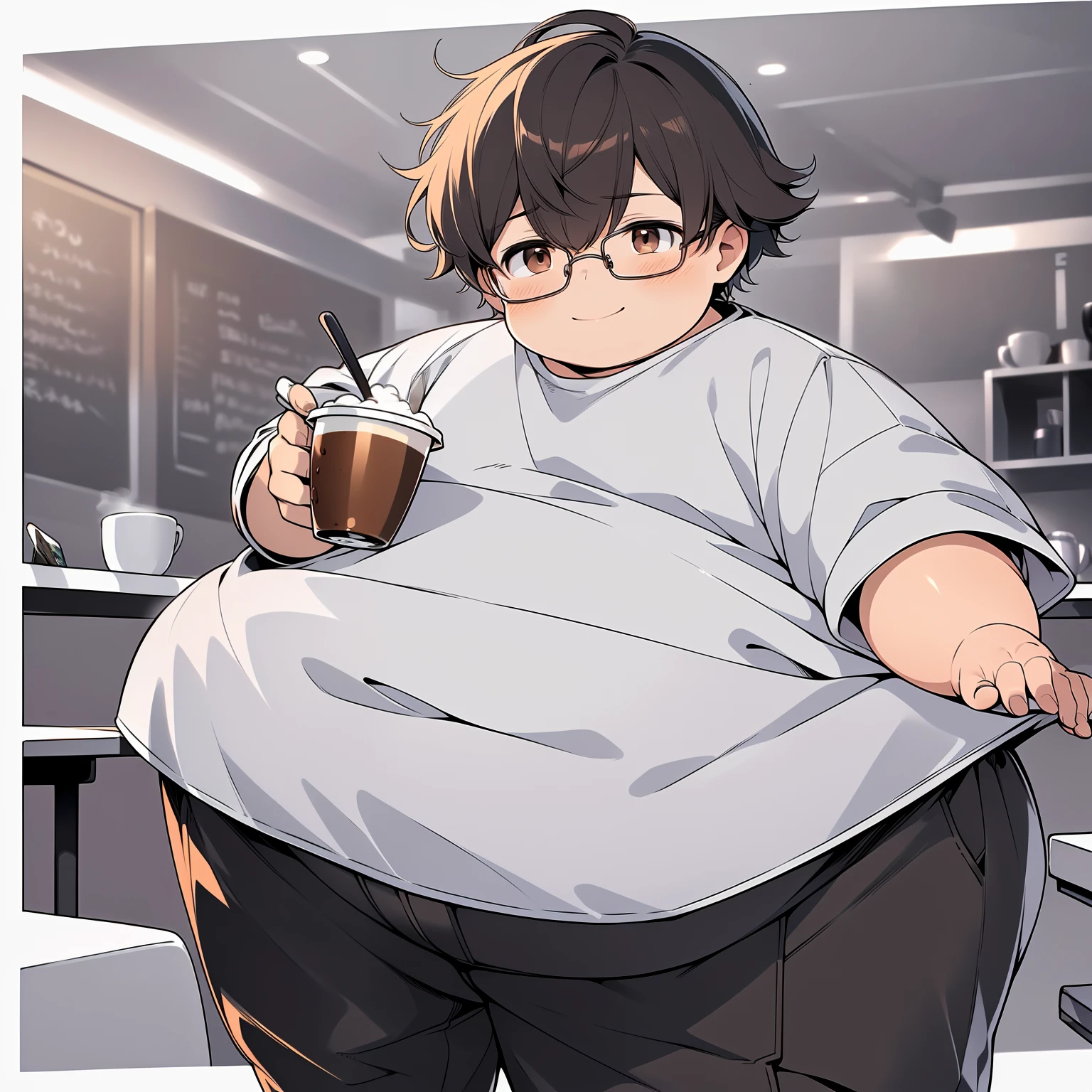 Anime character with a large belly holding a drink in a kitchen - SeaArt AI