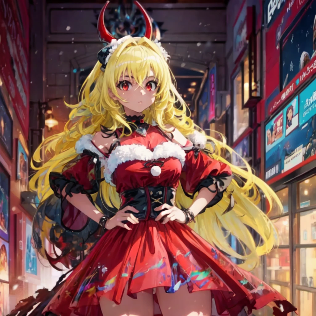 Yami the Golden Darkness vestindo roupa vermelha de Natal SFW, mãos nos quadris,1 garota, cabelo amarelo longo bagunçado, lindos olhos vermelhos, beleza incrível e presença incrível, pose dinâmica, rosto delicado, lindos olhos vermelhos, expressão facial de conteúdo, Alto detalhe de 8k, Muito detalhado, Anatomicamente correto, pintura digital, arte conceitual, Estilo de arte Shinkai Makoto, Imagem clara, Vila nevada, retrato de corpo inteiro, desenho super fino, melhor qualidade, 8K super alta resolução, Obra-prima de anime 2D