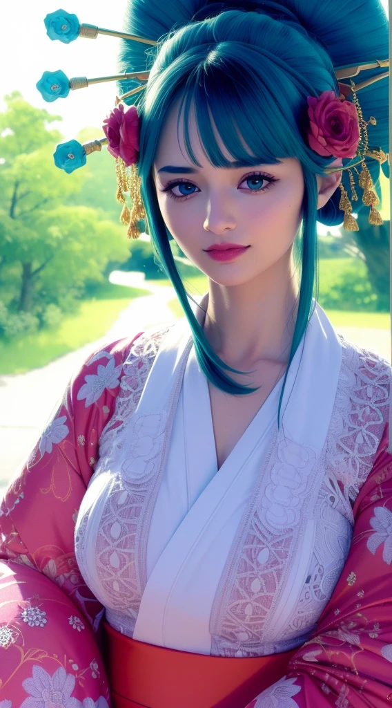 (((ultra detailed background, delicate pattern, intricate detail, highly detailed, fine details))), best quality, ((medium breasts, slim girl)), KozukiHiyori, 1girl, solo, hair ornament, closed mouth, hair flower, japanese clothes, makeup, kimono, lipstick, aqua hair, blue eyes, long hair, hair stick, smile, kanzashi, ((complex detailed background, blue sky, nature environment, close-up, portrait, clear face)),