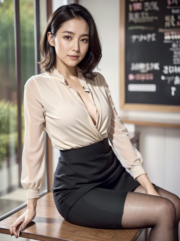 high high quality,8K,ultra - detailed:1.2), in junior high school classroom，Middle-aged female teacher in Japan、Wearing a black suit，skirt that wraps around the hips、Dark stockings、Side shot，Sit sideways on the table，Beautiful hip curves，slimfigure，looking at the camera in，(Best quality, 4K, realistically, Cinematic), perfect anatomia, perfect  eyes, heavy  makeups，Perfect hands, long and round legs, 1 girl, with short black hair, Taupe pointed toe heels,bright，Natural soft light，