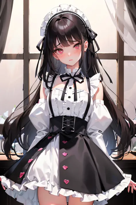 tucking up the skirt、Woman showing underwear in embarrassment、blushed face、White underwear、Panchira,　 　A dark-haired 、White panties are visible、Sujiman、slit　,Mine style lolita fashion,Ahe-face,Iki face,black and white and pink clothes