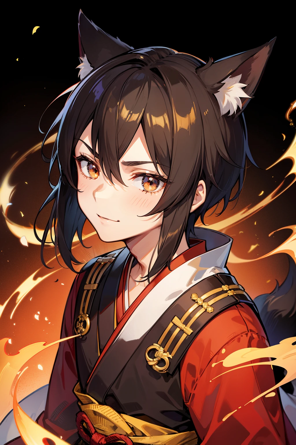 (high-quality, breathtaking),(expressive eyes, perfect face), 1boy, male, solo, young adult, black hair , gold coloured eyes, gentle smile, short hair, loose hair, hair between eyes, japanese clothing, red shirt with a gold and black trim, black pants, brown belt, black fox ears on top of his head, wears a japanese fox mask on the side of his head, patterns on kimono, masculine face, hair covers ears, kimono