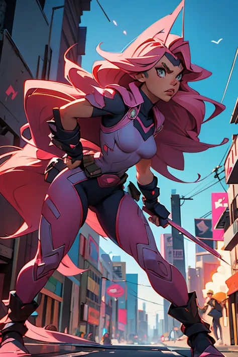 superhero, girl, long pink hair, armed with pointy teeht, middle of the street, explosions behind, grey clothing whit spikes, po...